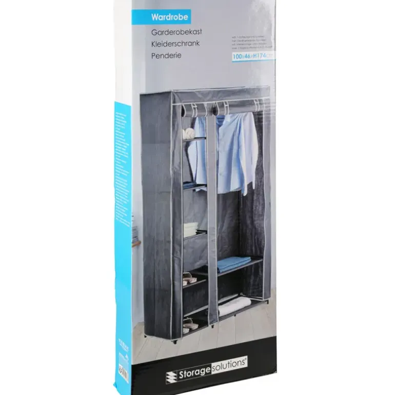 Armoire en tissu 5 étagères grises avec barre de penderie - 100x46x174 cm