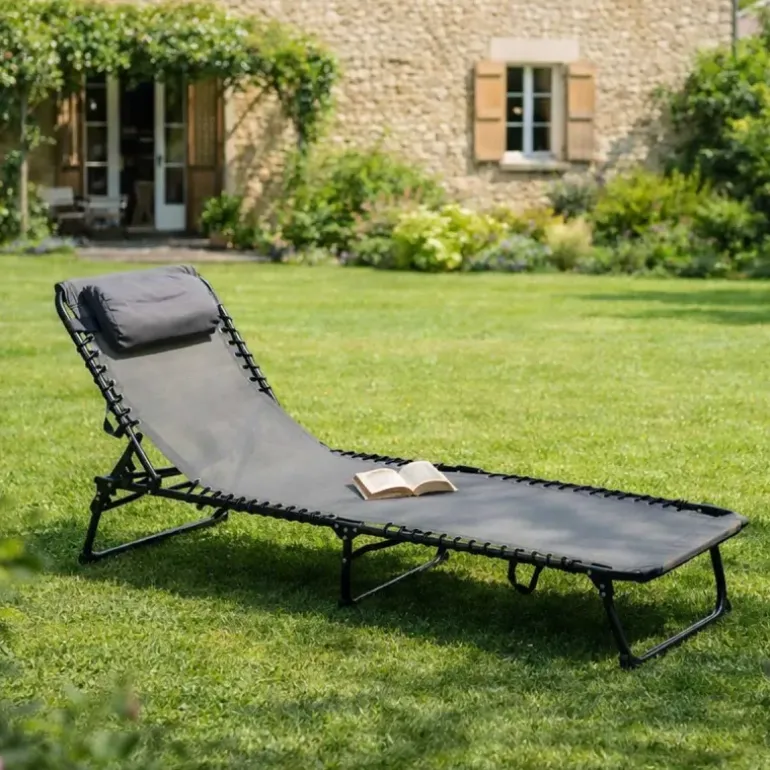 Bain de soleil pliant en acier noir - Confort et résistance