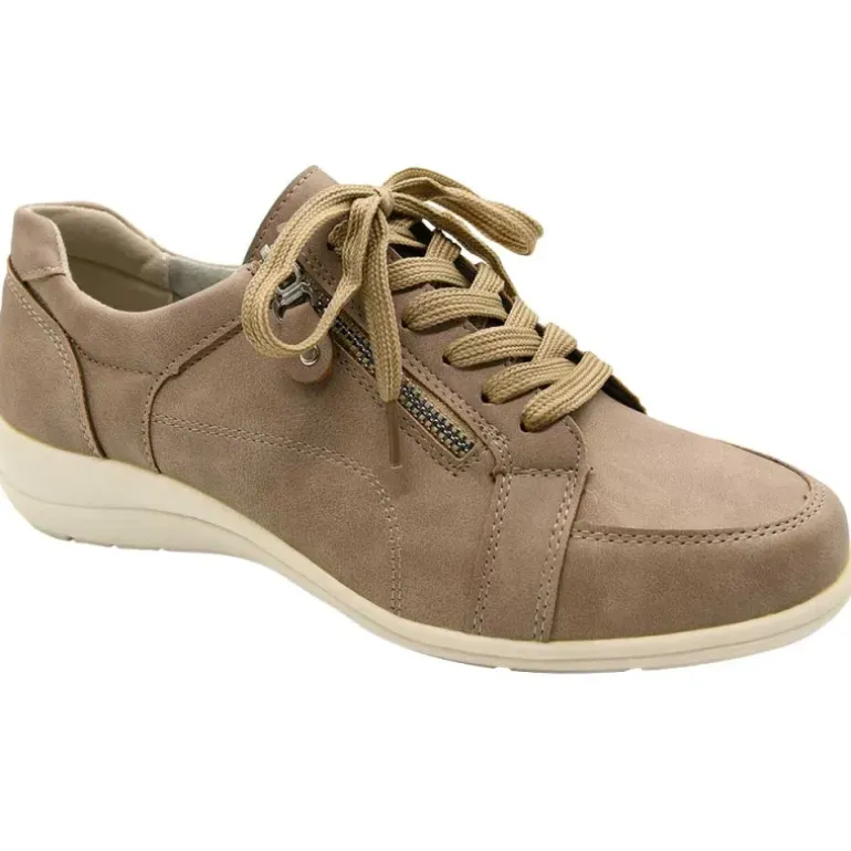 Baskets femme lacet fermeture éclair PU aspect cuir taupe 36 à 41