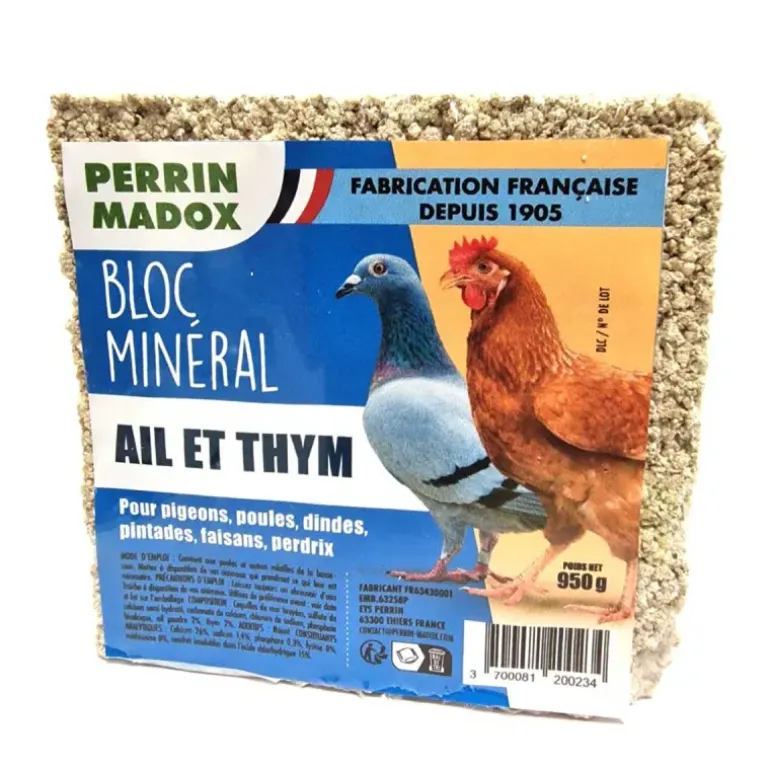 Bloc minéral ail et thym pour volailles et pigeons Perrin Madox 950g
