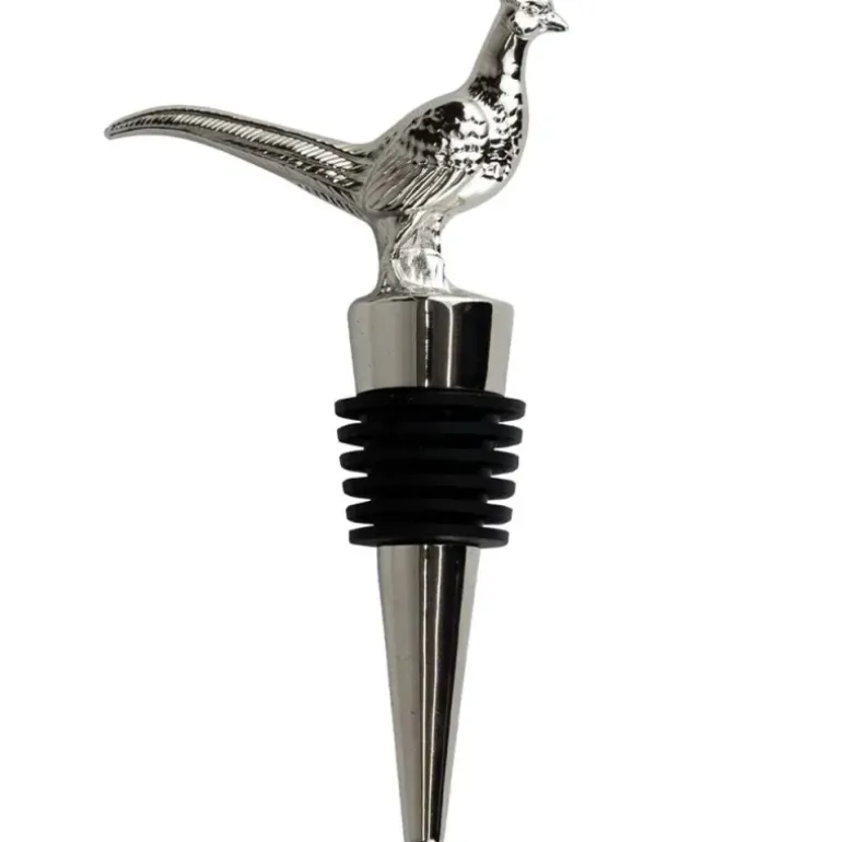 Bouchon de bouteille de vin faisan métal zinc argenté noir 10cm