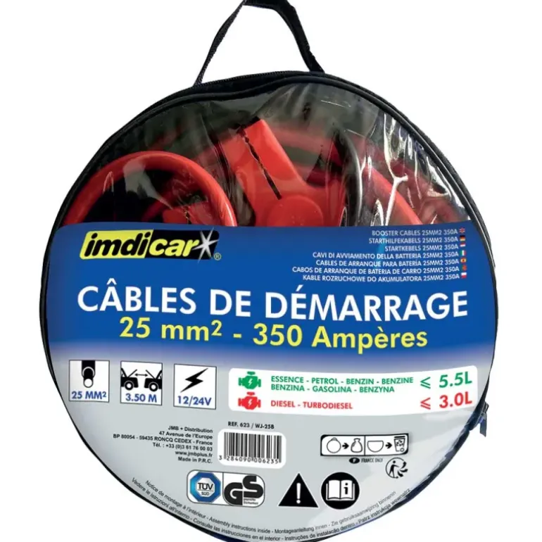 Câble démarrage 25 mm² 3,5m essence 5,5L diesel 3L max
