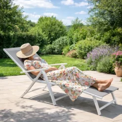 Chaise longue aluminium blanche 175x66cm en toile textilène