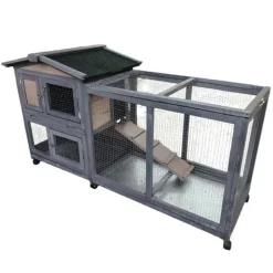 Clapier mobile en bois pour lapin avec parc intégré - Gris 150x55x86 cm
