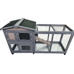 Clapier mobile en bois pour lapin avec parc intégré - Gris 150x55x86 cm