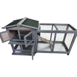 Clapier mobile en bois pour lapin avec parc intégré - Gris 150x55x86 cm
