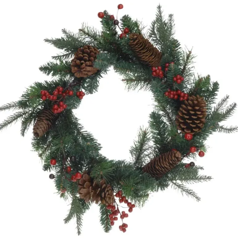 Couronne de Noël 45cm avec pommes de pin et baies rouges