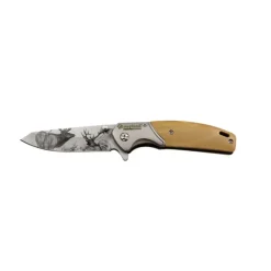 Couteau chasse pliant lame acier inox 8cm manche bois gravé cerf