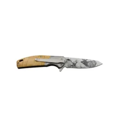 Couteau chasse pliant lame acier inox 8cm manche bois gravé cerf