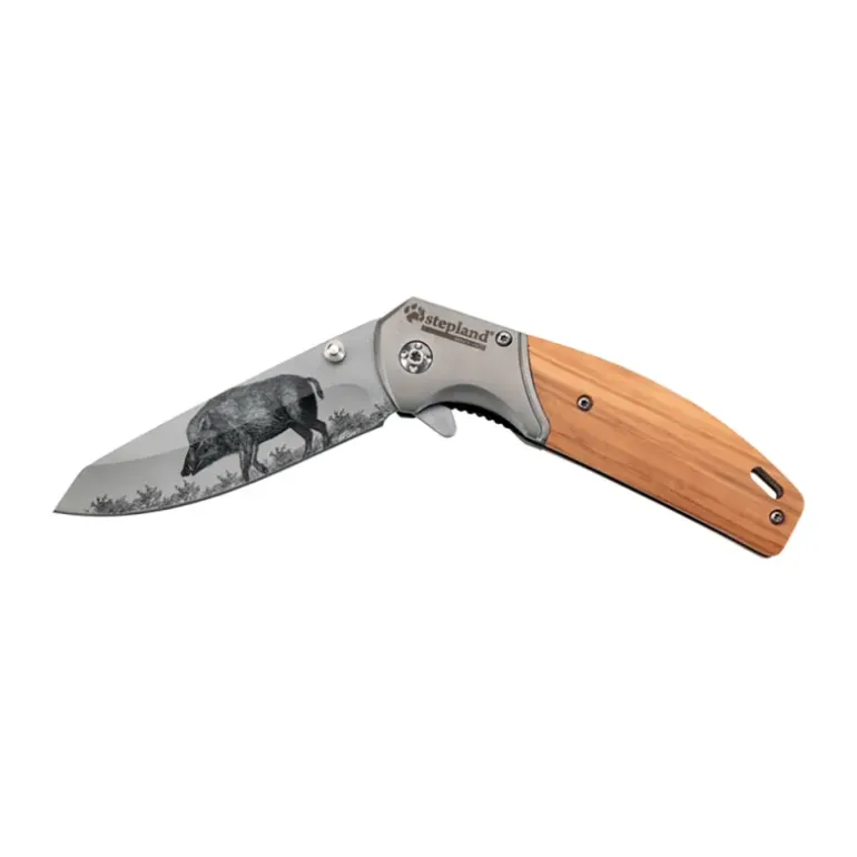 Couteau de chasse pliant lame acier inox 8cm manche bois
