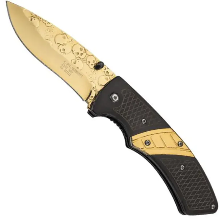 Couteau lame acier doré tête de mort manche bois acier 12cm