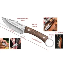 Couteau Nordique lame acier inox 10cm manche acacia avec étui
