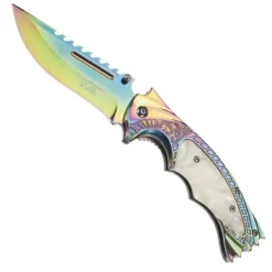 Couteau Rainbow lame dos cranté acier manche acier 12cm