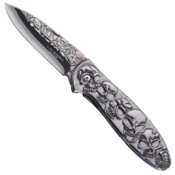 Couteau titane lame acier 420 tête de mort manche inox 11,5cm