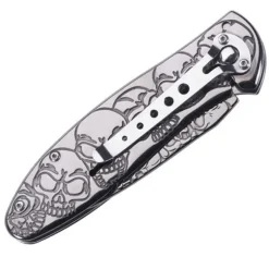 Couteau titane lame acier 420 tête de mort manche inox 11,5cm