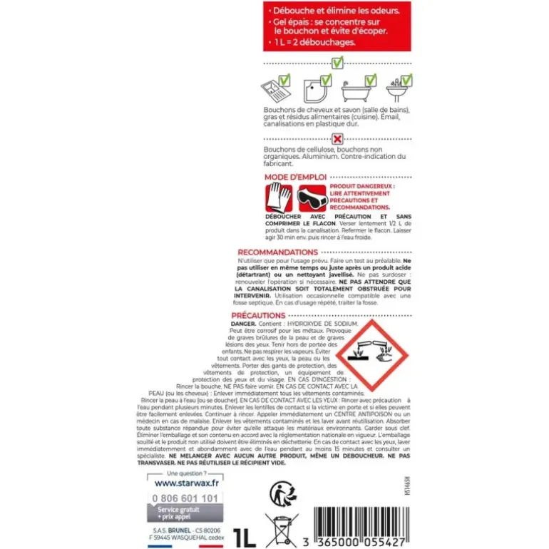 Déboucheur gel surpuissant soude caustique 30% 1L Starwax