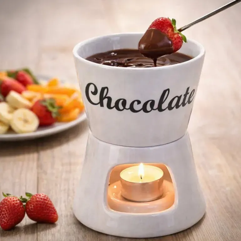Fondue chocolat porcelaine 12x12x15cm avec 2 fourchettes inox