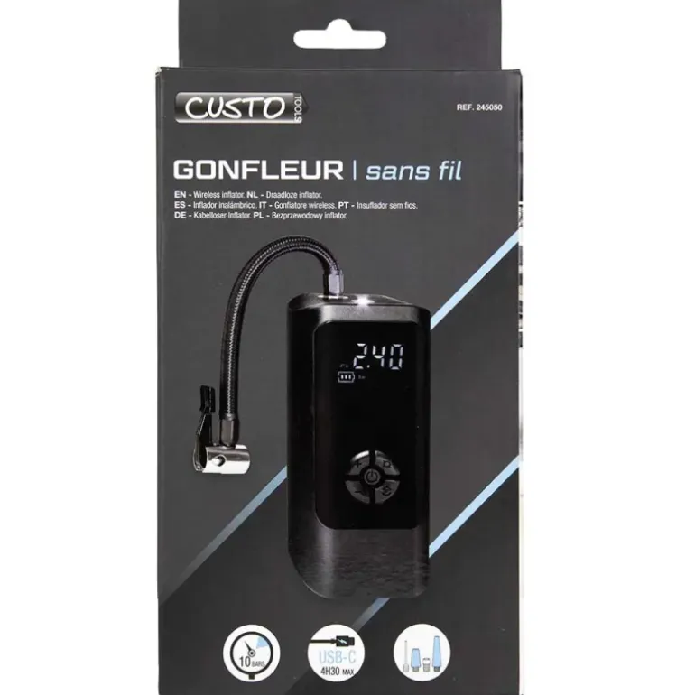 Gonfleur électrique sans fil 10 bar 20L/min USB auto moto vélo