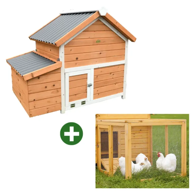 Kit Poulailler 3 poules Bois Confort toit plastique + Enclos