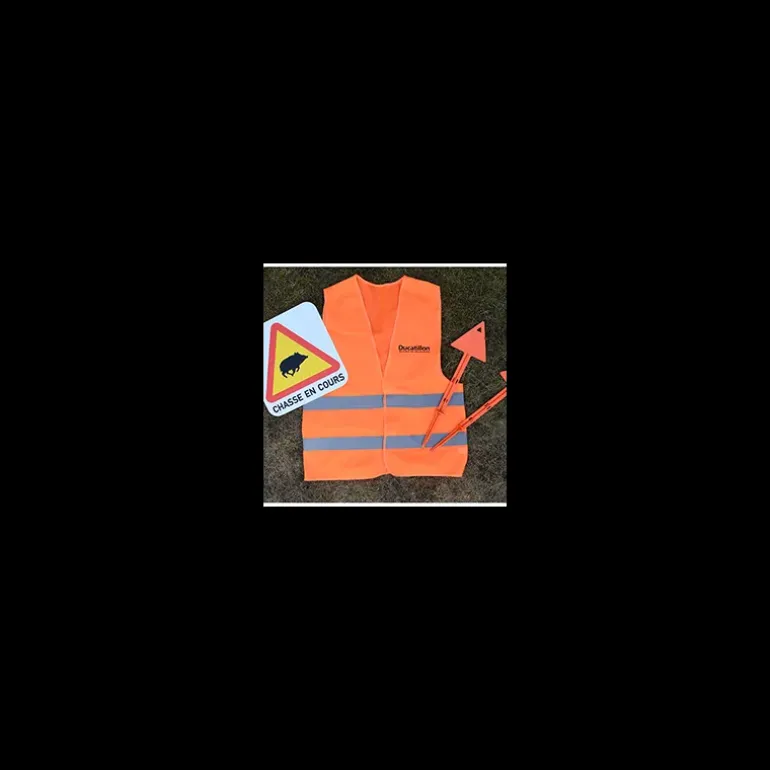 Kit Sécurité du Chasseur, gilet fluo, panneau, piquets de battue