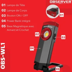 Lampe de travail SLIM OBSERVER - Rechargeable USB-C 1000 Lumens
