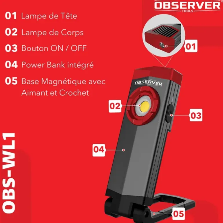 Lampe de travail SLIM OBSERVER - Rechargeable USB-C 1000 Lumens