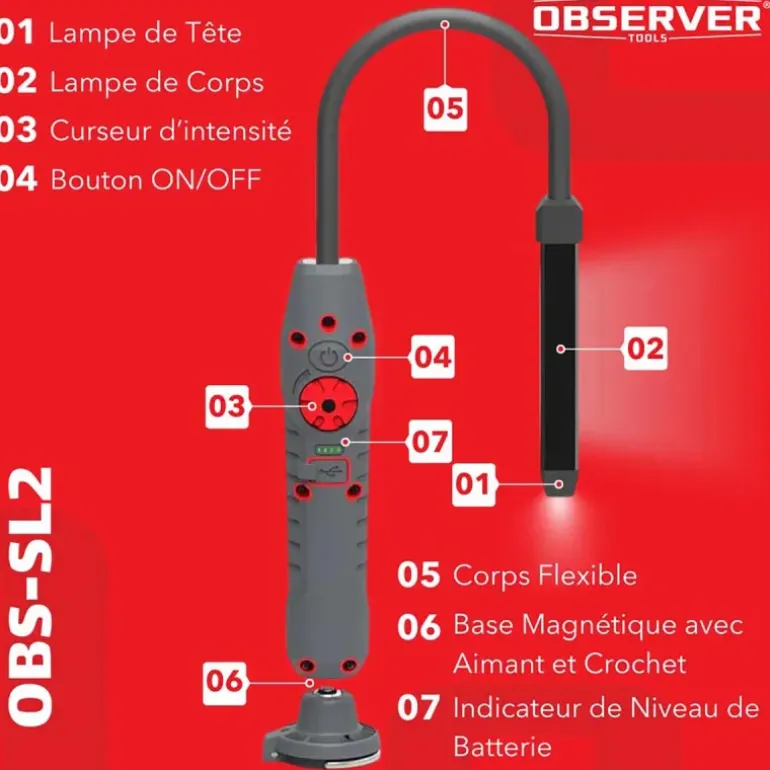 Lampe d'inspection LED flexible OBSERVER - 600 Lumens - USB-C - IP54