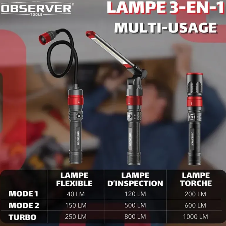 Lampe 3-en-1 OBSERVER - Torche, Barre d'Inspection & Tête Flexible 1000 Lumens