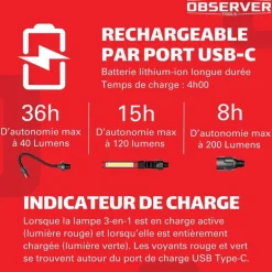 Lampe 3-en-1 OBSERVER - Torche, Barre d'Inspection & Tête Flexible 1000 Lumens