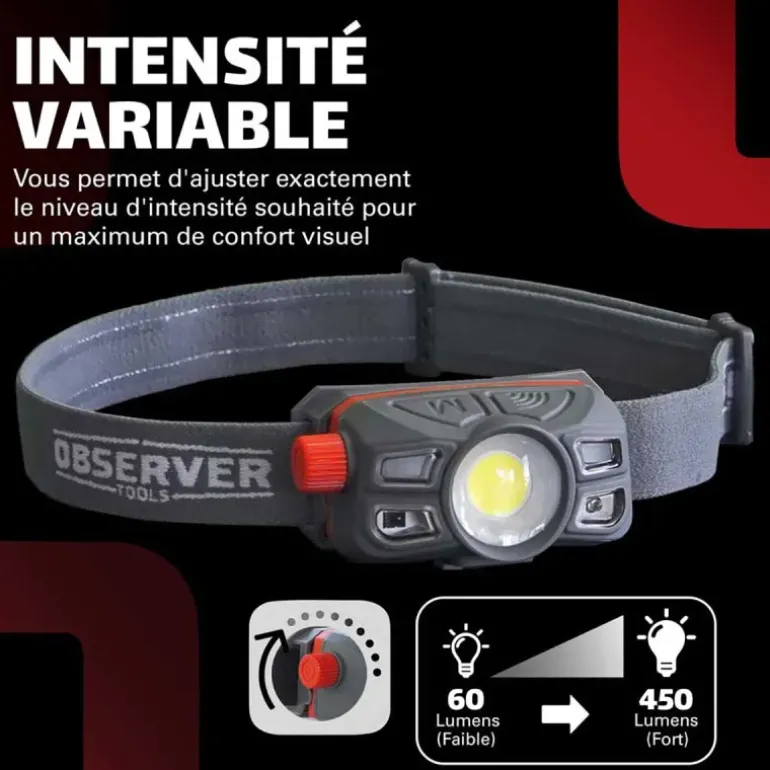 Lampe frontale OBSERVER - 450 Lumens - Rechargeable USB-C - Étanche IP67
