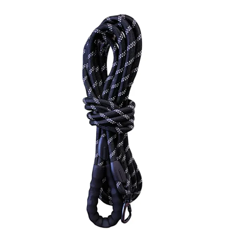 Longe réfléchissante en nylon 10m avec mousqueton de sécurité et poignée - Noir