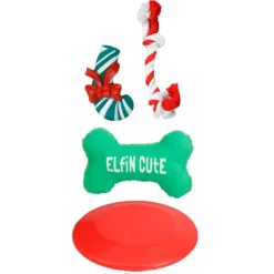 Lot 4 Jouets Noël Chien Peluche Pain d'Épice Corde Disque Vol