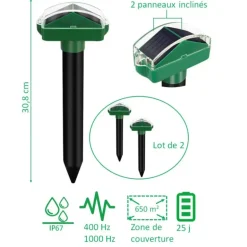 Lot de 2 Chasse-Taupes Solaires à Ultrasons Duo - Étanche - 650m² de Couverture