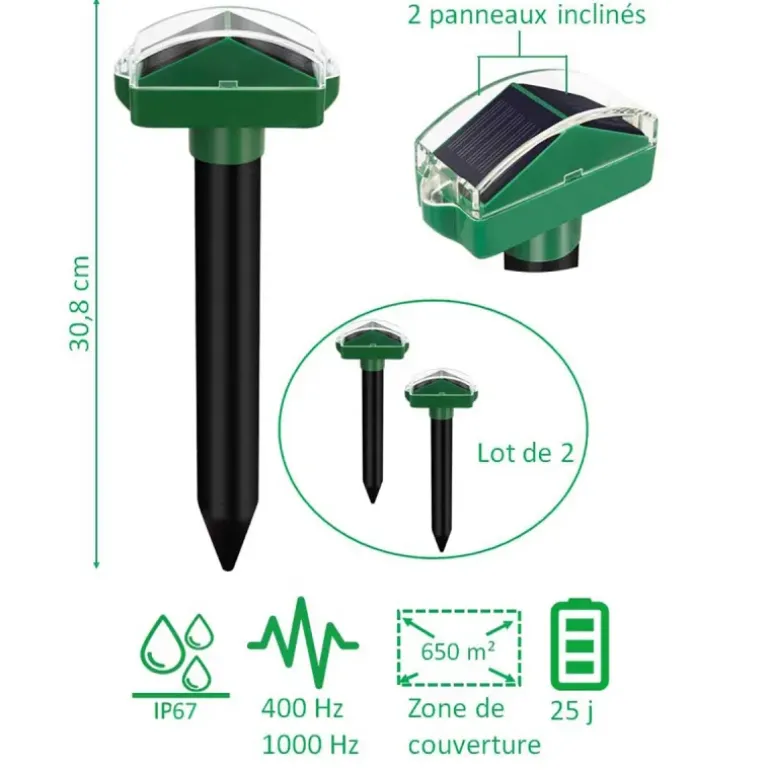 Lot de 2 Chasse-Taupes Solaires à Ultrasons Duo - Étanche - 650m² de Couverture