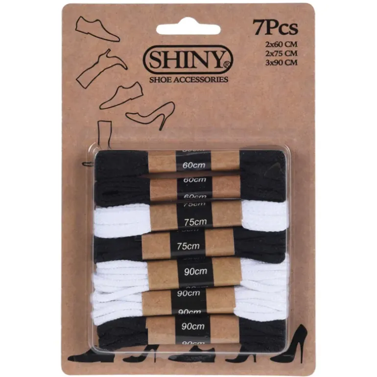 Lot de 7 paires de lacets en coton noir et blanc - Tailles variées