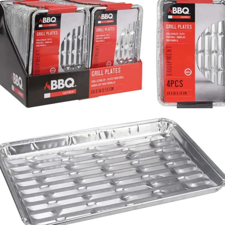 Lot de 4 plateaux en aluminium pour barbecue - 24x16x1,5 cm
