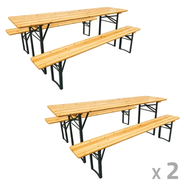 Lot de 2 Tables Extérieure en Pin Massif 177 cm avec 4 Bancs Bois / métal