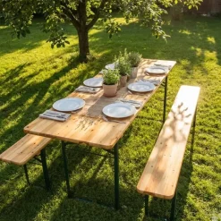 Lot de 2 Tables Extérieure en Pin Massif 177 cm avec 4 Bancs Bois / métal