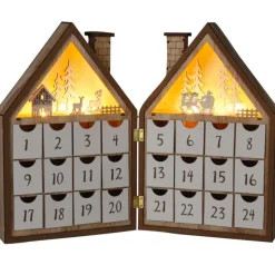 Maison calendrier avent bois peuplier 30cm 24 tiroirs LED blanc