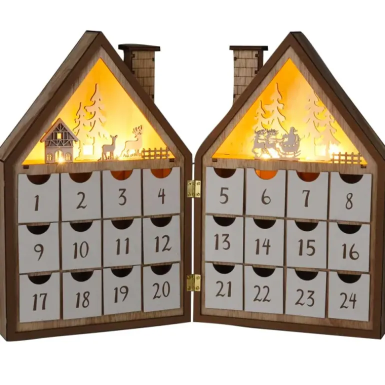 Maison calendrier avent bois peuplier 30cm 24 tiroirs LED blanc