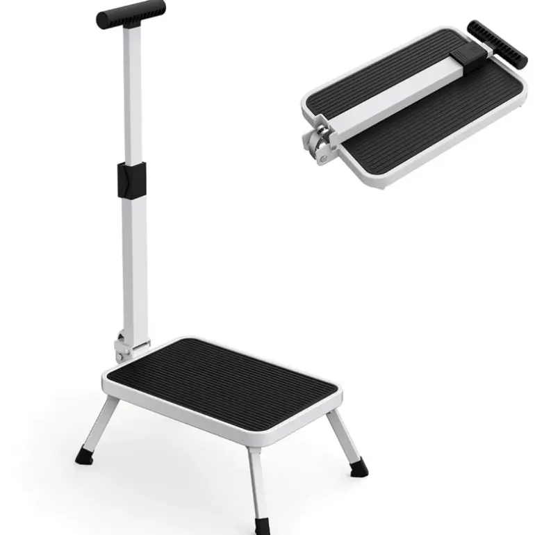 Marchepied sécurisé pliable avec barre d'appui - Hauteur 17 cm - Acier blanc