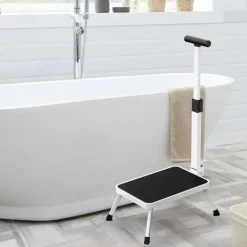 Marchepied sécurisé pliable avec barre d'appui - Hauteur 17 cm - Acier blanc