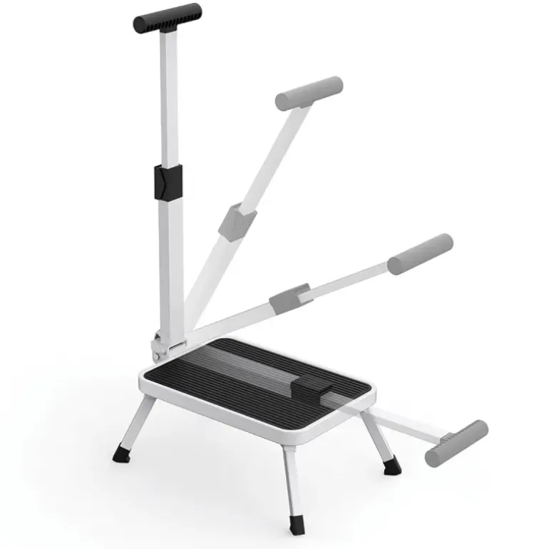 Marchepied sécurisé pliable avec barre d'appui - Hauteur 17 cm - Acier blanc
