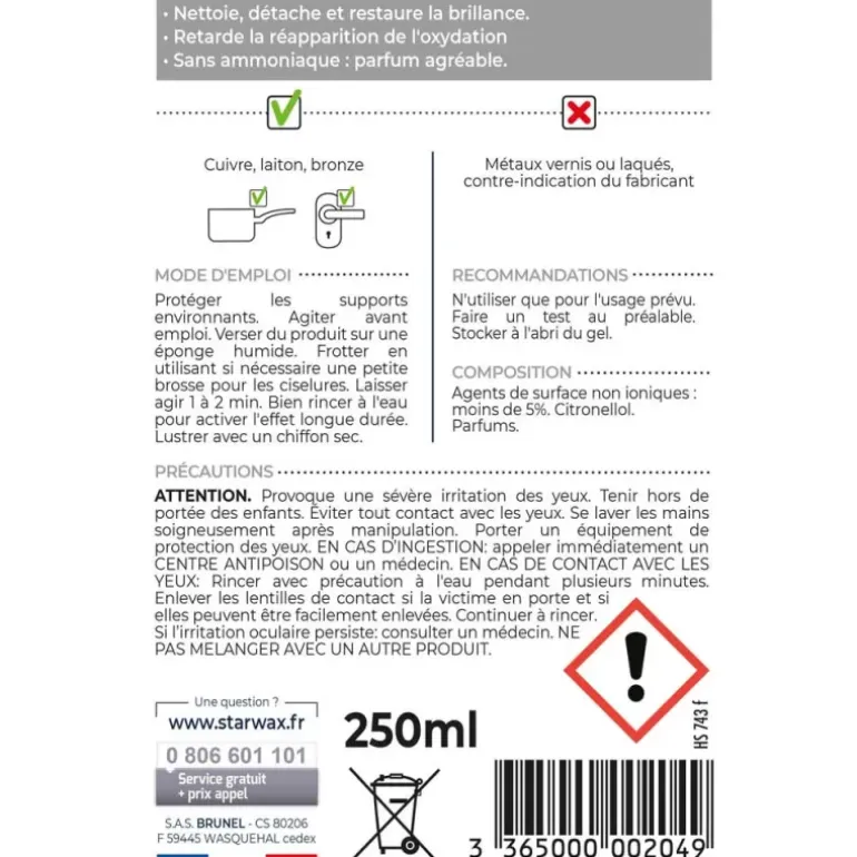 Nettoyant spécial cuivre laiton bronze longue durée 250ml