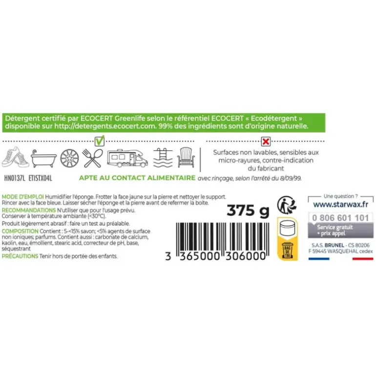 Pierre de nettoyage naturelle 99% + éponge détachante 375g Starwax