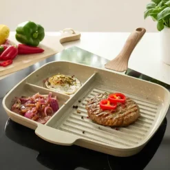Poêle grill compartimentée céramique 31x24.5cm fonte alu 2mm