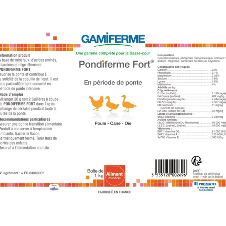 Pondiferme fort, aliment minéral poules pondeuses 1kg - GAMIFERME