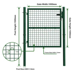 Portillon grillagé 1x1m maille 50mm vert avec serrure et poignées