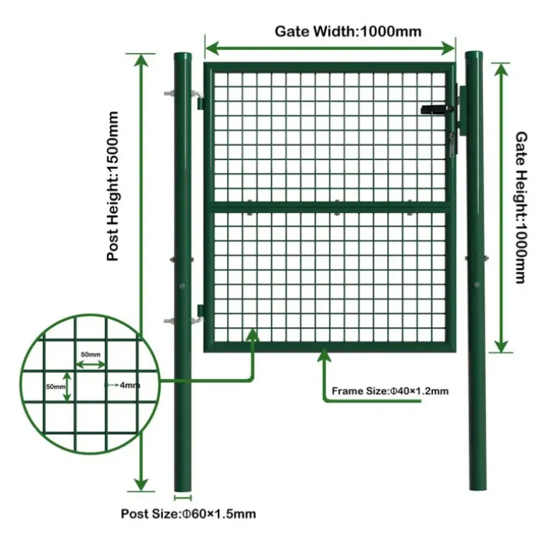 Portillon grillagé 1x1m maille 50mm vert avec serrure et poignées