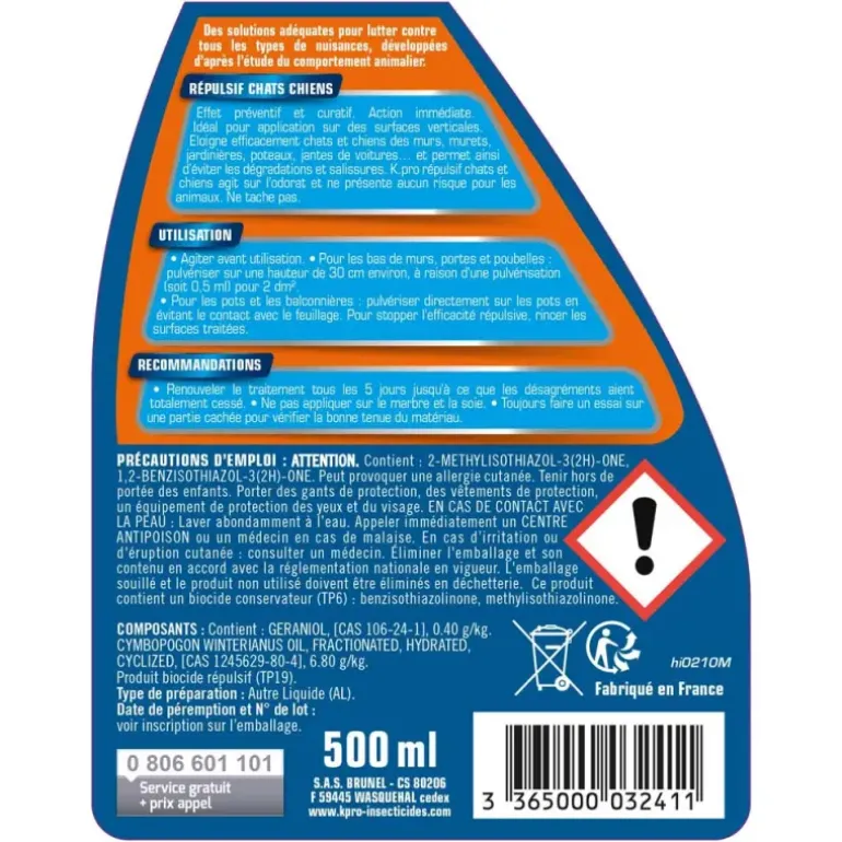 Répulsif chiens et chats géraniol 500ml anti-dégradations